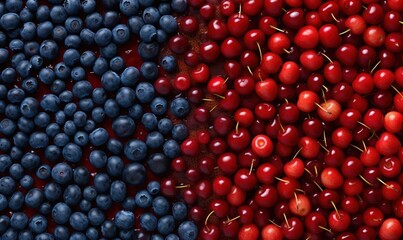  a close up of a bunch of cherries and blueberries next to a large pile of berries with a smaller one in the middle.  generative ai