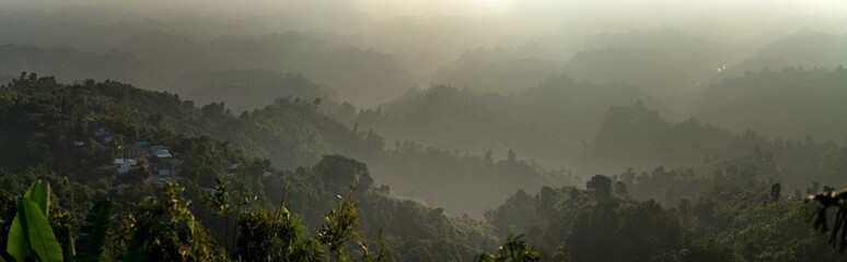 Panoramic view of forested hills in the mist