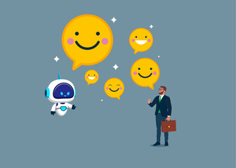 Happy businessman and robot with artificial intelligence holding smiling face symbol. Employee happiness, job satisfaction, company benefit, positive attitude. Chat bot. Flat vector illustration