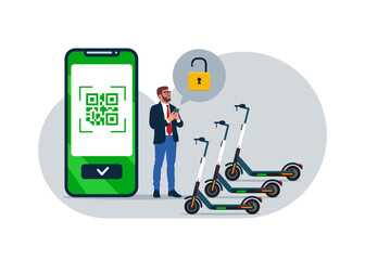Human with mobile phone using electric scooter service through QR code. Urban e-scooter rental. Flat vector illustration