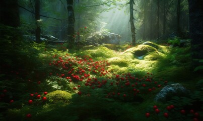  a lush green forest filled with lots of red flowers next to a forest filled with lots of green grass and trees with red flowers on the ground.  generative ai