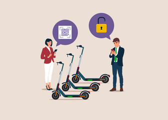 Urban e-scooter rental. People with mobile phone using QR code electric scooter service. Flat vector illustration