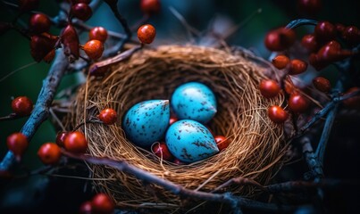Fototapeta na wymiar a bird nest filled with blue speckled eggs and red berries on a tree branch with red berries on the branches in the foreground. generative ai