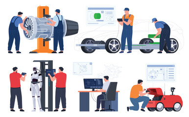 Development of maintenance and repair of the latest technological items. Engineers near engines and new technologies. Improvement and development of technical innovations. Vector illustration
