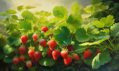  a painting of strawberries growing on a bush with green leaves on a sunny day in the sun, with a blue sky in the background.  generative ai
