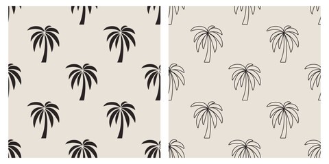 Vector Seamless Pattern with Palm Trees, Palm Tree Design Template, Print. Palm Silhouettes. Tropical, Vacation, Beach, Summer Concept. Vector Illustration. Front View