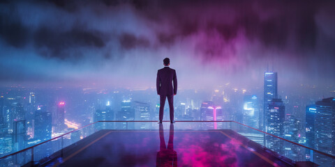 A businessman in a suit stands on top of a skyscraper on a blurred cyberpunk futuristic city panorama background with bright neon lights and stormic clouds. Photorealistic Generative AI illustration.