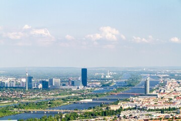 View of the River Danube and Vienna cityscape, Austria