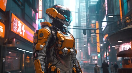 Illustrate a rugged cybernetic mercenary equipped with advanced weaponry, augmented limbs, and a sleek exosuit, ready for a high risk mission in a cyberpunk city