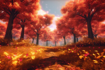 A vibrant autumn scene with trees ablaze in shades of red, orange, and yellow. Generative AI  