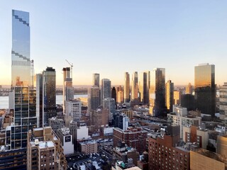 Hell's Kitchen neighborhood in New York City, United States at sunset