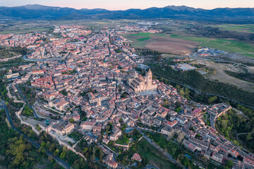 Aerial view of Segovia city skyline at dusk, Spain