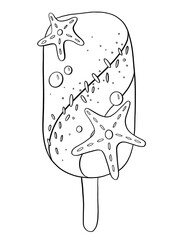 contour line illustration sketch style cartoon ice cream sundae on a stick nautical theme starfish stripes design element postcard print sticker coloring book