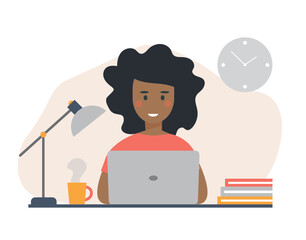 Fototapeta premium Black woman working with laptop. Office worker, employee, vector illustration