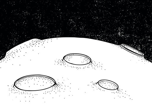 Black And White Coloring Book Page For Adult. Lunar landscape. Black starry sky. Space. Moon.