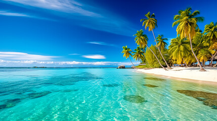 vacation resort, paradise island with sandy beach and palm trees in the blue ocean, banner, made with Generative AI