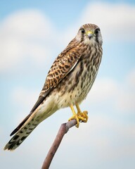 Vertical closeup of a common kestrel (Falco tinnunculus) perched on a branch and looking at camera