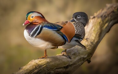 Closeup of cute mandarin ducks (Aix galericulata) resting on the branch on the blurred background