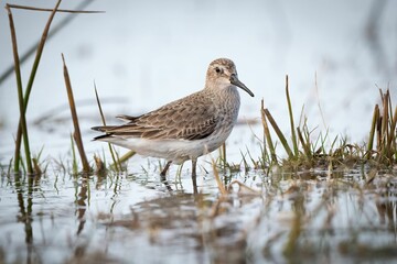 Closeup of a wandering tattler (Tringa incana) resting in waters of a pond on the blurred background - obrazy, fototapety, plakaty