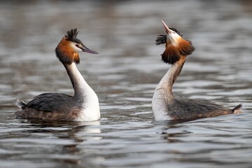 Closeup of great crested grebe (Podiceps cristatus) mating in the water