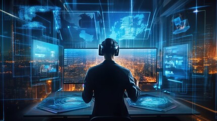 Illustrate a skilled hacker navigating a virtual reality interface