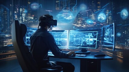 Fototapeta na wymiar Illustrate a skilled hacker navigating a virtual reality interface