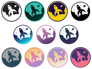 A set of 11 rocket and space logos in different colors with no shadow or background. Illustration in PNG format.