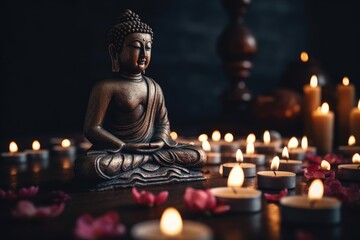 Fototapeta premium Buddha statue in meditation with flowers and lit candles.