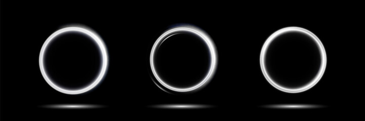 Obraz premium Neon swirl. Curve blue line light effect. Abstract ring background with glowing swirling background. Energy flow tunnel. Blue portal, platform. Magic circle vector.