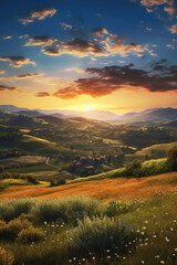 Naklejka na ściany i meble A breathtaking landscape capturing the essence of a vibrant sunrise over rolling hills. Generative AI 