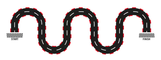 Abwaschbare Fototapete F1 Rally races line track or road marking. Start and finish concept. Moto race. Lane, gp, track with start, finish line and borders. Car or karting road racing background. Top view. Vector illustration