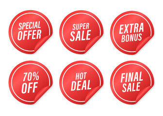 Collection stickers six circle badges for announcement discount in black, red label. Special offer, super sale, 70 percent off icons, Final sale, hot deal, Extra bonus. Vector illustration