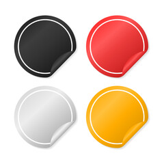 Vector blank color stickers on white background. Adhesive mock up set, round collection of curved sticky circle paper folded realistic fold . Vector illustration