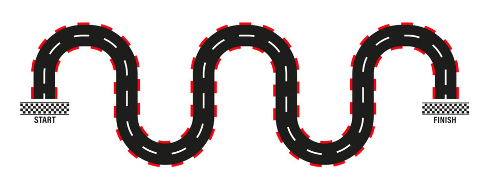 Rally races line track or road marking. Start and finish concept. Moto race. Lane, gp, track with start, finish line and borders. Car or karting road racing background. Top view. Vector illustration