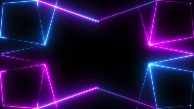 Neon blue and pink laser lines on black background. Seamless loop. 4K