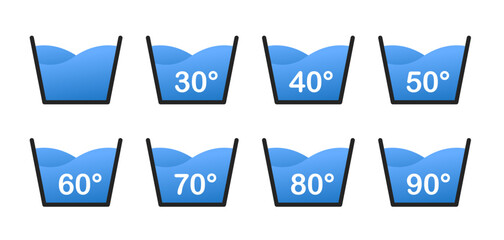 Machine wash temperature icon. Wash at 60 degree icon with text. Water temperature set icon vector sign. Wash at 30, 40, 50, 60, 70, 80, 90°C icons. Vector illustration