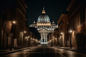 Fototapeta na wymiar St. Peter's Basilica in Rome at night viewed from Via della Conciliazione. A Renaissance cathedral and iconic landmark of Rome, Italy. Generative AI