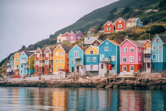 Coastal town with multicolored facades, generative ai