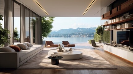 Sleek and contemporary villa in Milan or the Italian Riviera, boasting minimalist design, floor - to - ceiling windows, and seamless indoor - outdoor living spaces - obrazy, fototapety, plakaty