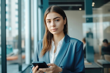 Portrait of a pretty young business woman using smarthphone in her office