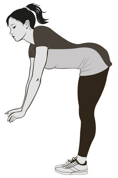 A girl in a short skirt and leggings bends forward