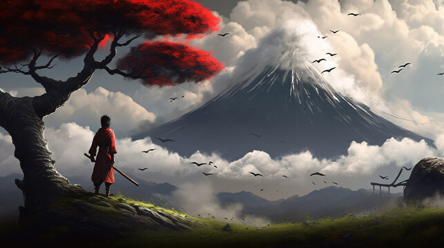 an epic illustration of an ancient warrior standing in front of the mountain fuji next to a cherry tree in concept art, wallpaper style, ai generated image