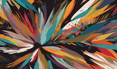  a colorful abstract painting of feathers on a black background with a white background and a blue, yellow, red, and green pattern on the bottom half of the image.  generative ai