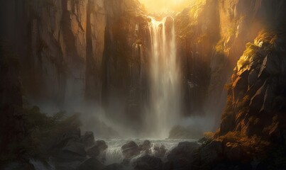  a painting of a waterfall in the middle of a forest with a bright light coming from the top of the waterfall and the water below.  generative ai
