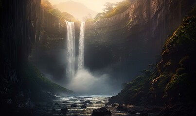  a large waterfall in the middle of a forest filled with trees and rocks, with a river running between it and a cliff in the distance.  generative ai