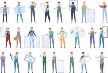 Windows installer icons set cartoon vector. Frame glass. Pvc house