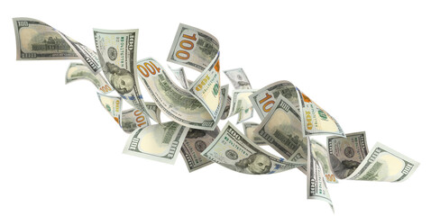 Flying 100 American dollars banknotes, cut out