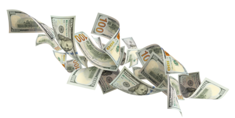 Flying 100 American dollars banknotes, cut out