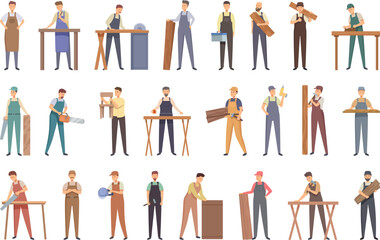 Joiner icons set cartoon vector. Carpenter wood. Work safety