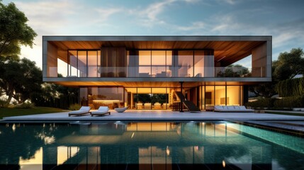 Fototapeta premium Sleek and contemporary villa in Milan or the Italian Riviera, boasting minimalist design, floor - to - ceiling windows, and seamless indoor - outdoor living spaces